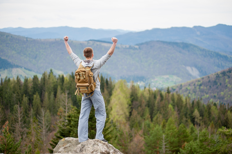 Male hiker with a backpack standing on the edge of a rock, with back to the camera with hands up, against picturesque view of on the green forest and nice mountains