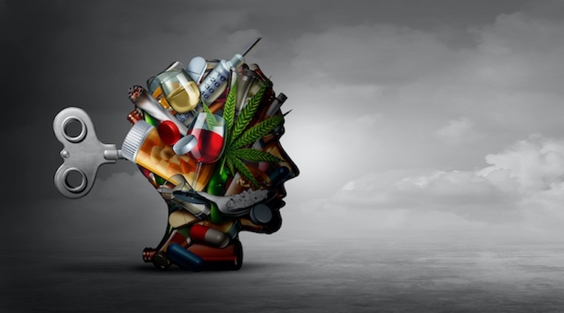 silhouette of a head filled with various addictive substances