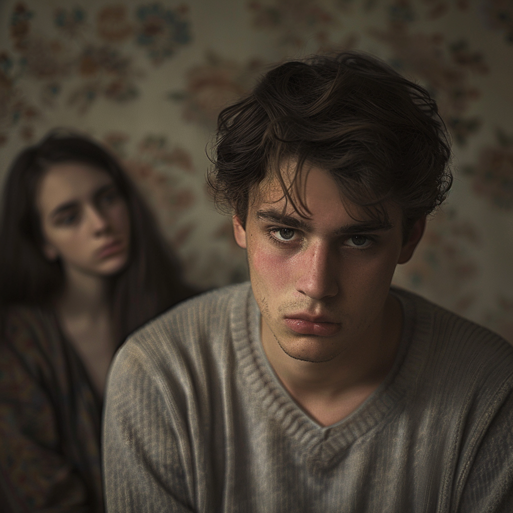 A young man looking ahead with anguish on his face as his girlfriend, in the background, tries to communicate with him.
