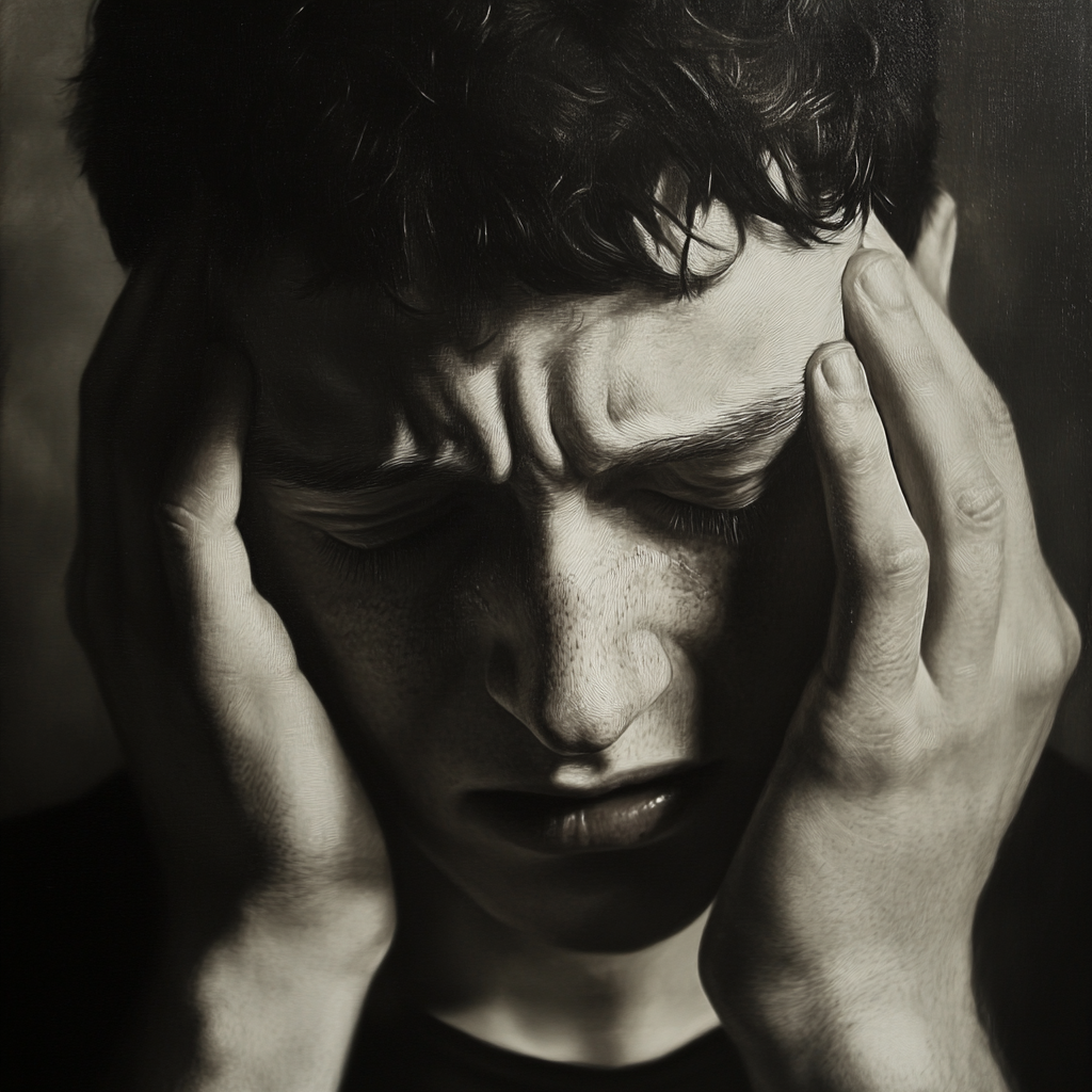 A young man, frowning with his hands on his temples, signifying a migraine