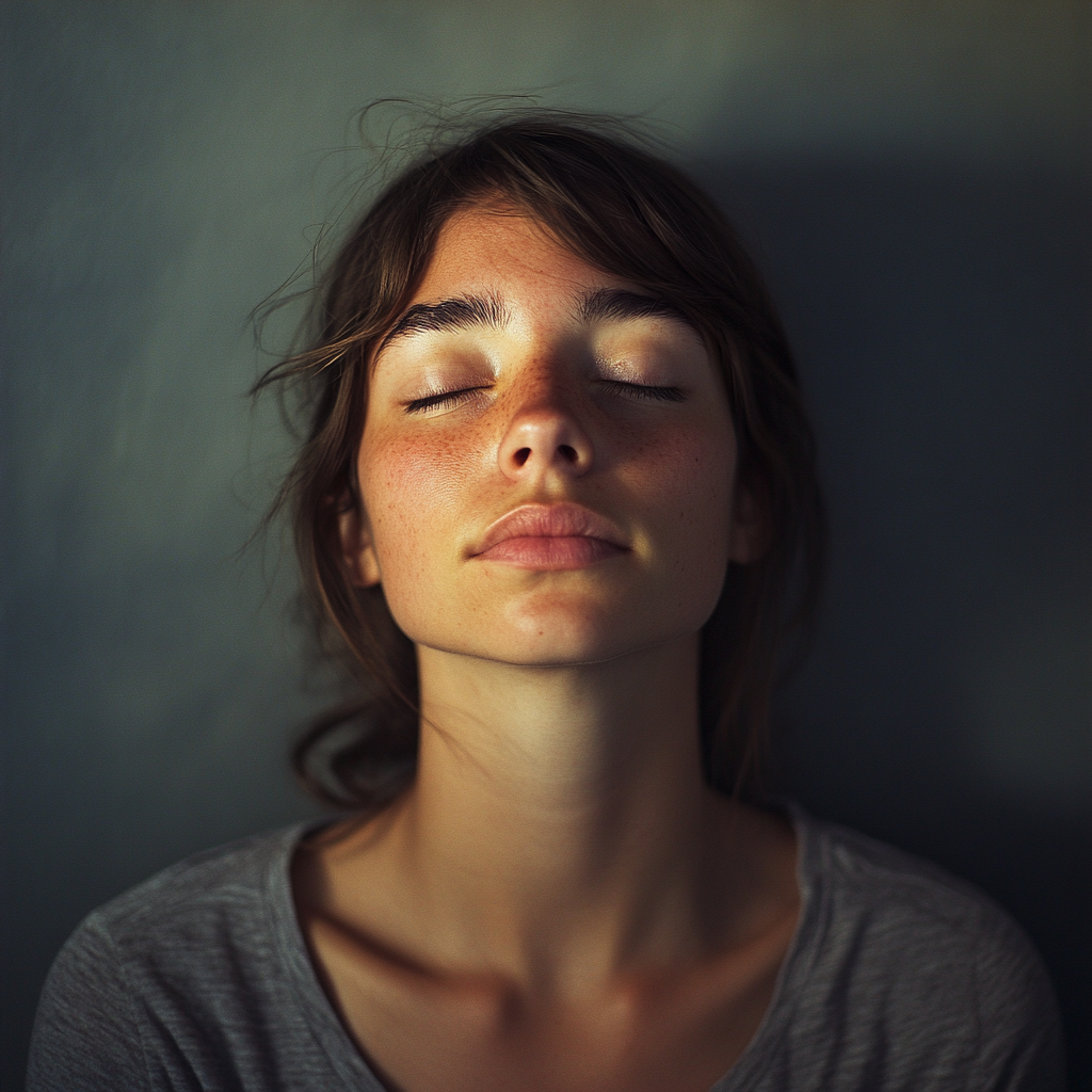 A young woman, dark hair, eyes closed, look of relief. Depicts Spravato vs. traditional antidepressants.