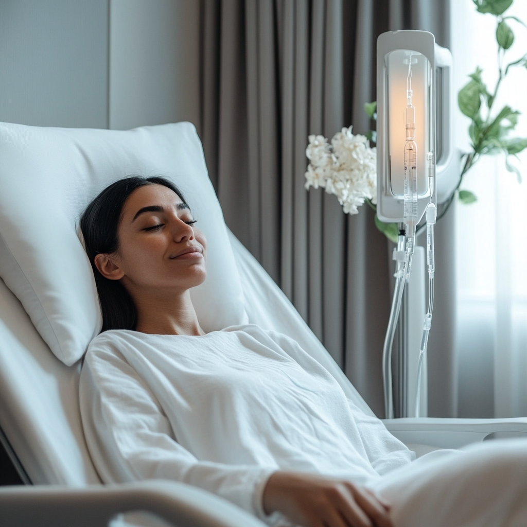 A woman laying down with her eyes closed in a scenic clinic while having an IV administered. Depicts IV therapy benefits for allergies