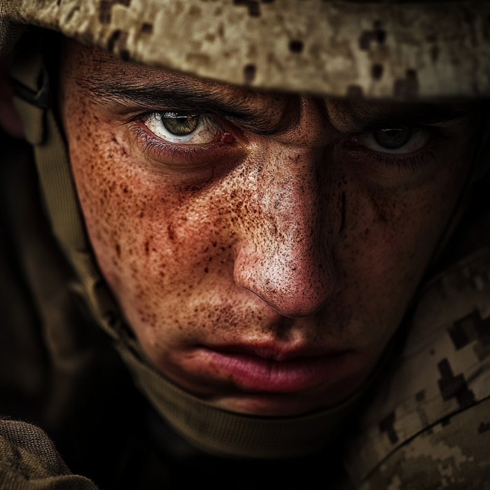 Close-up of the face of a military man, helmet on his head, face dirty, the look of war on his face. Concept of hope through ketamine for veterans.