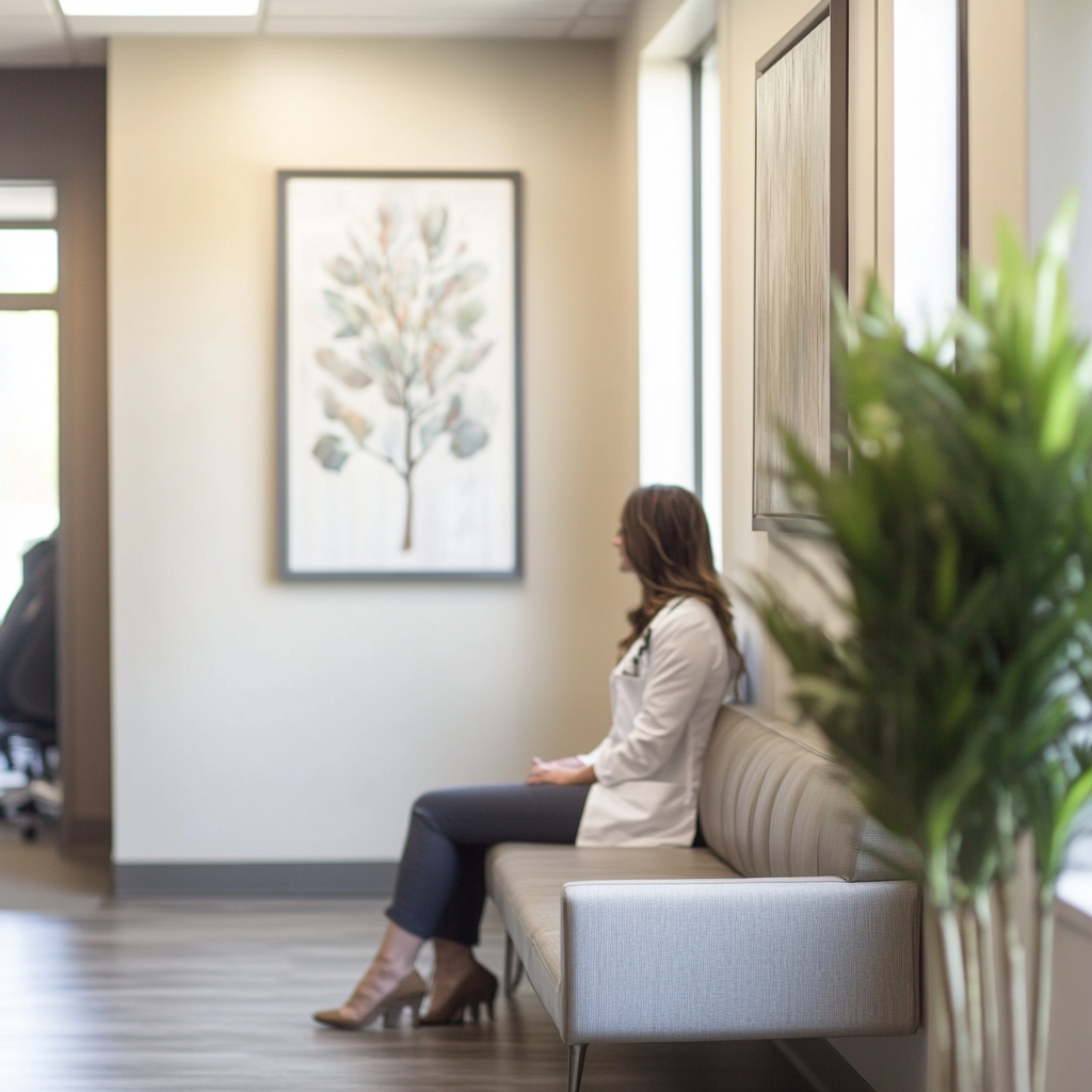 A woman is sitting on a couch in the waiting area of a clinic, soft light shining from the windows, and a plant in the foreground.