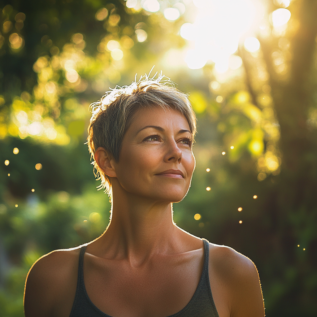 A middle-aged woman standing in lush greenery with a look of contentment. This is the result of hormone optimization.