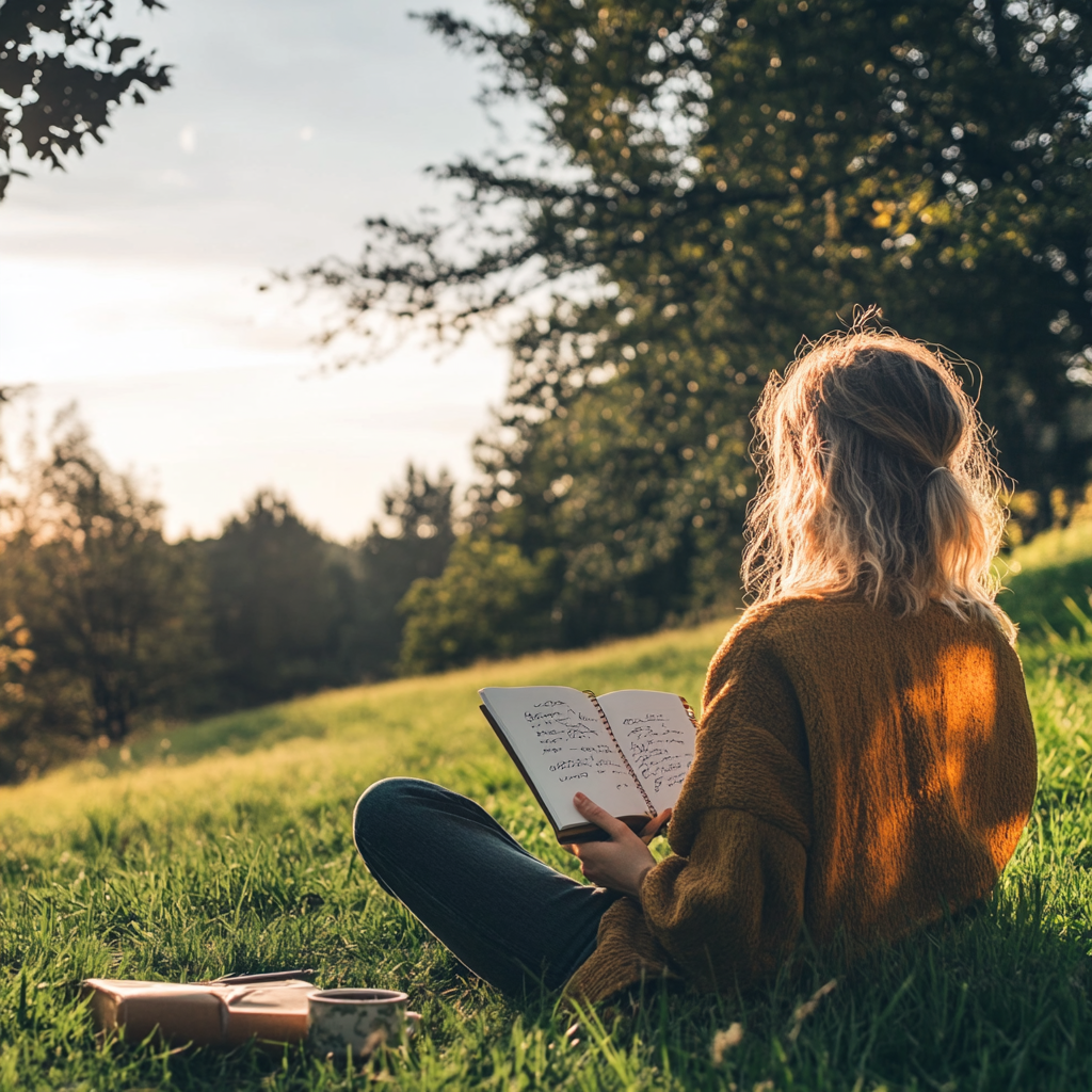 A woman sitting outdoors on grass in nature with a book or diary. An example of practicing holistic self-care.