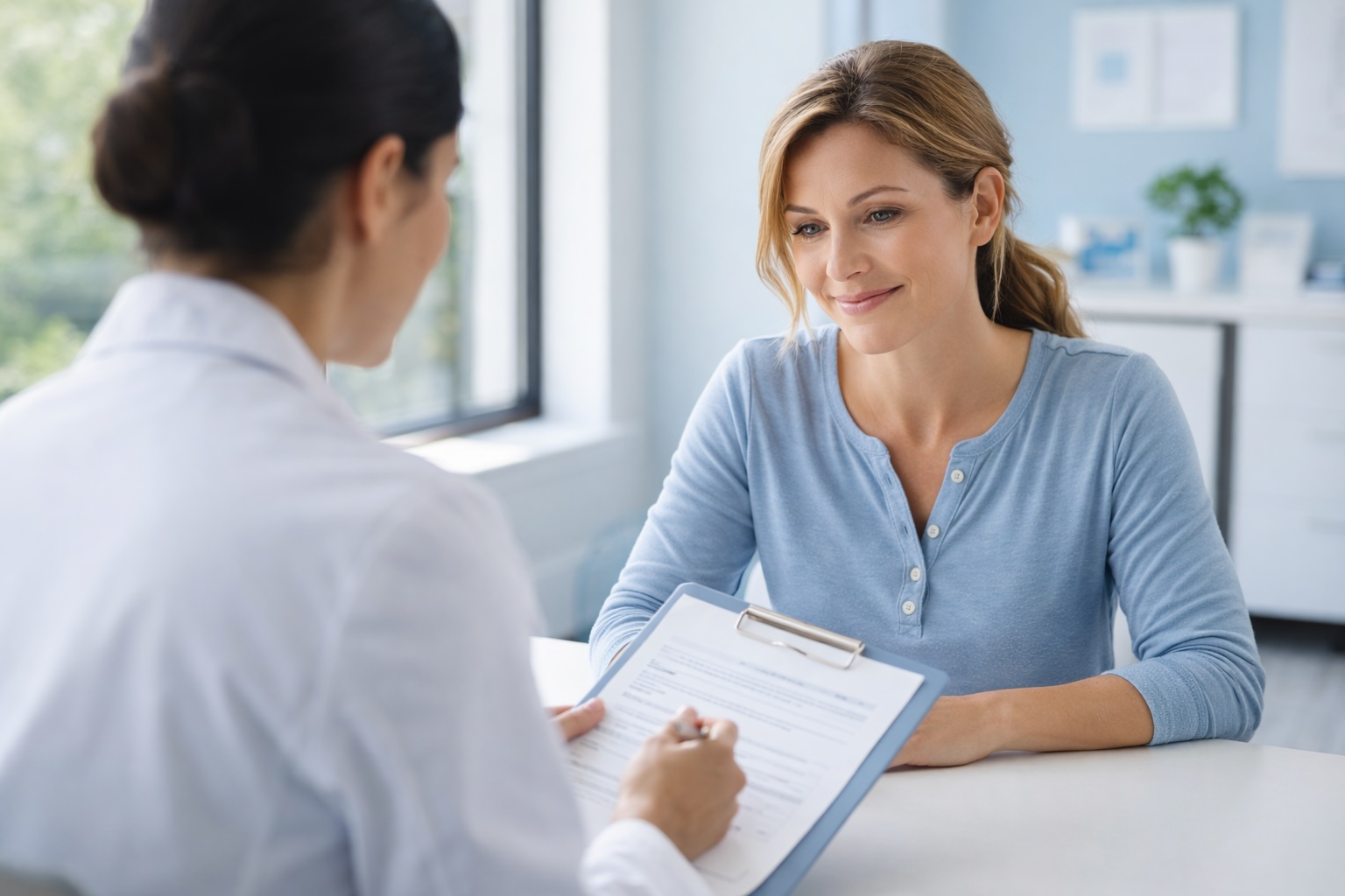 Patient consulting with healthcare provider about Spravato insurance coverage and treatment options in modern medical office