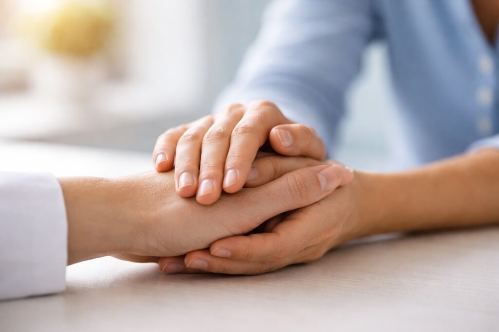 Supportive hands held together in medical setting, representing compassionate care during Spravato treatment journey