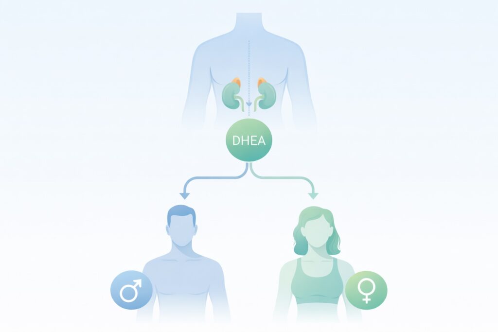Medical illustration showing DHEA hormone production in adrenal glands and conversion to testosterone and estrogen in men and women