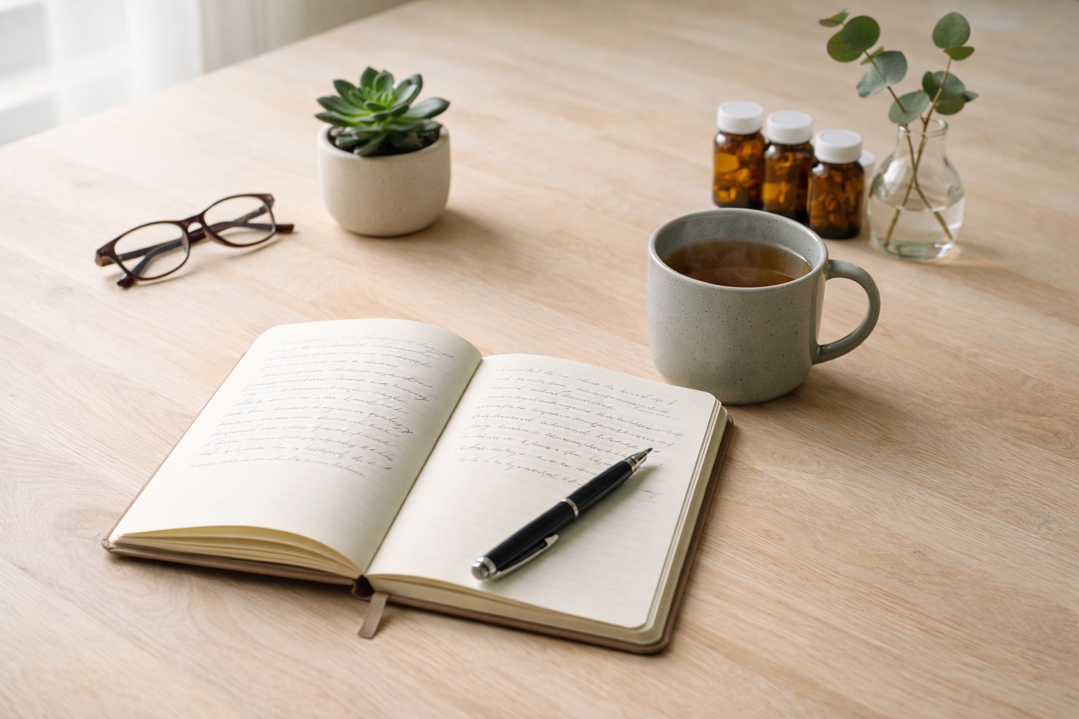 Open journal with pen, tea, succulent plant, reading glasses, and supplement bottles on wooden surface representing daily wellness routine for ketamine maintenance therapy