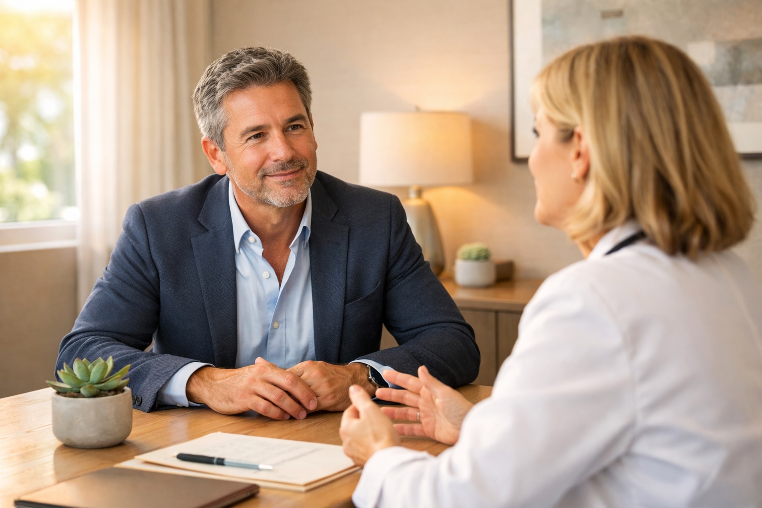 Patient consulting with a physician at a ketamine therapy clinic in South Florida, reviewing treatment options in a calm, modern clinical setting