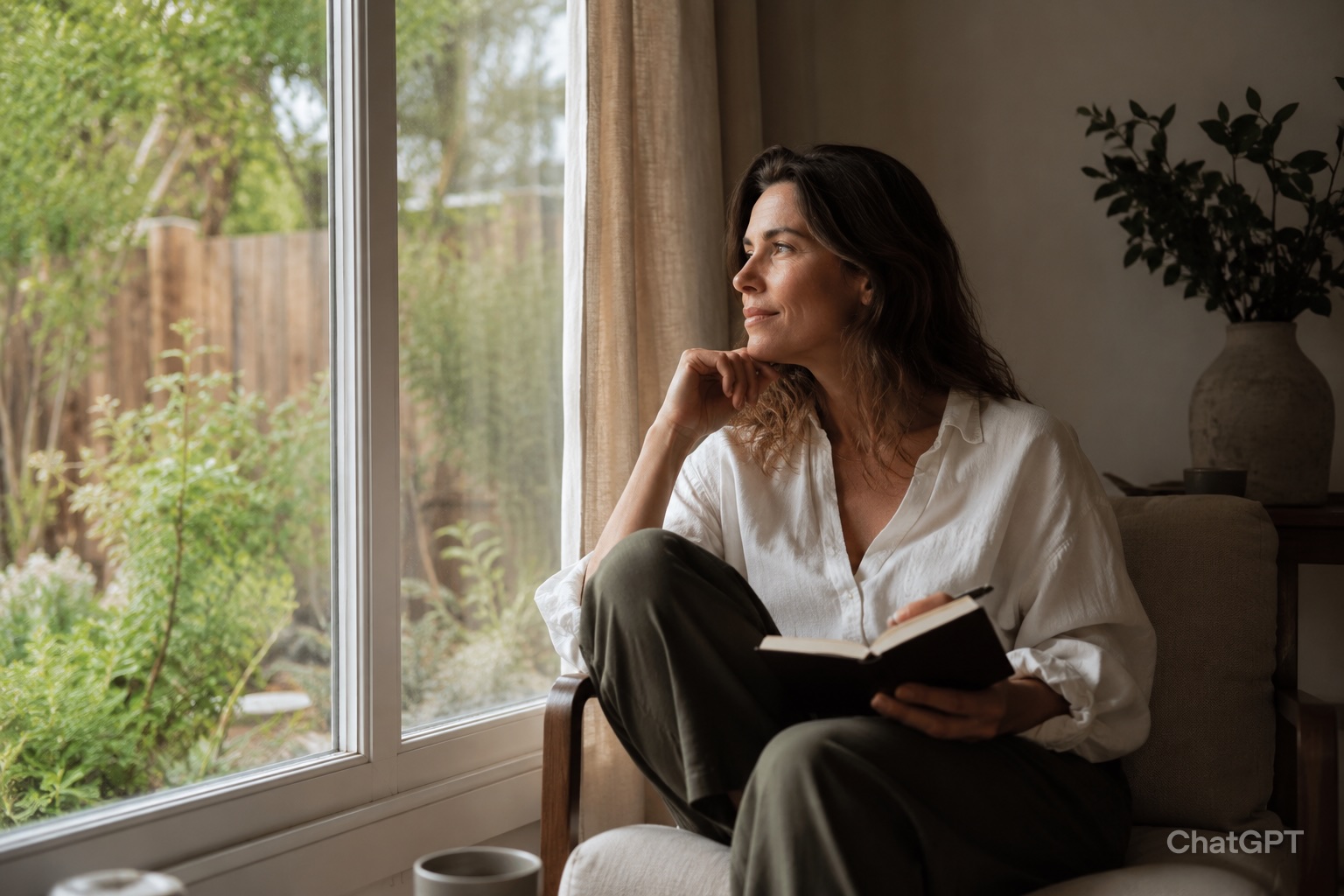 A person sits peacefully by a sunlit window, writing in a journal during a quiet moment of reflection between ketamine therapy sessions.