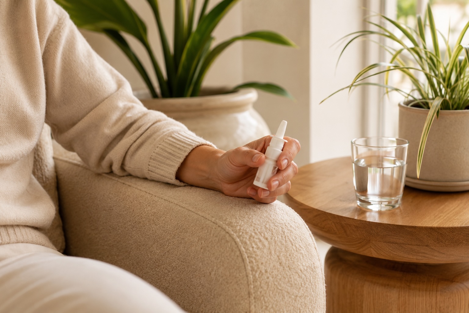 Close-up of a person holding a generic prescription nasal spray applicator in a calm wellness setting