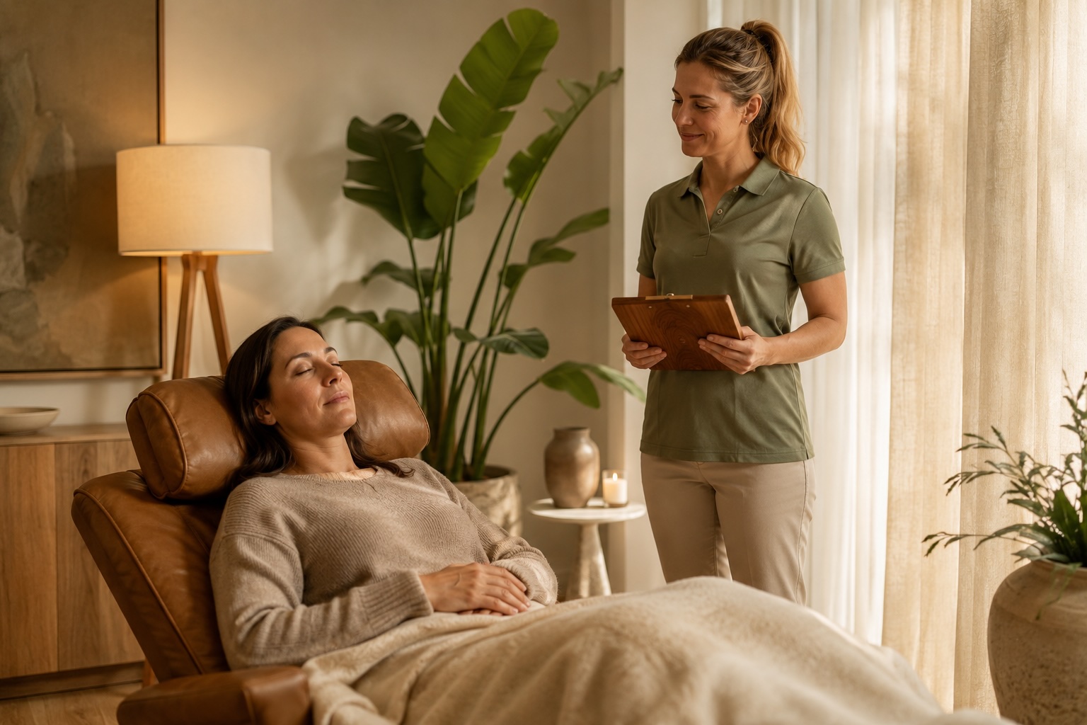 Modern wellness retreat treatment room with a person reclined in a plush recliner