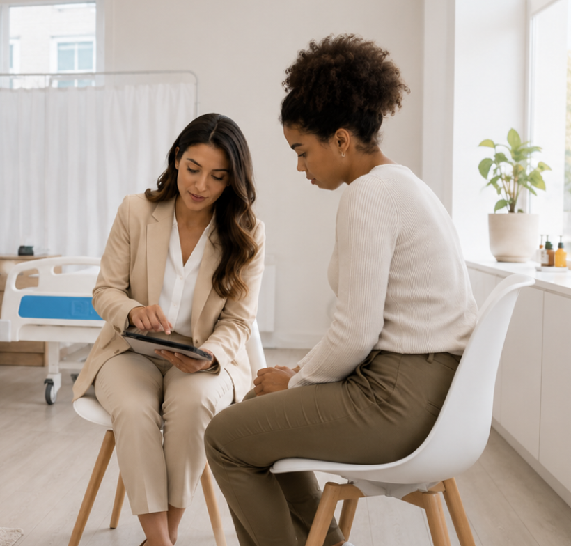 Two women discussing on chairs