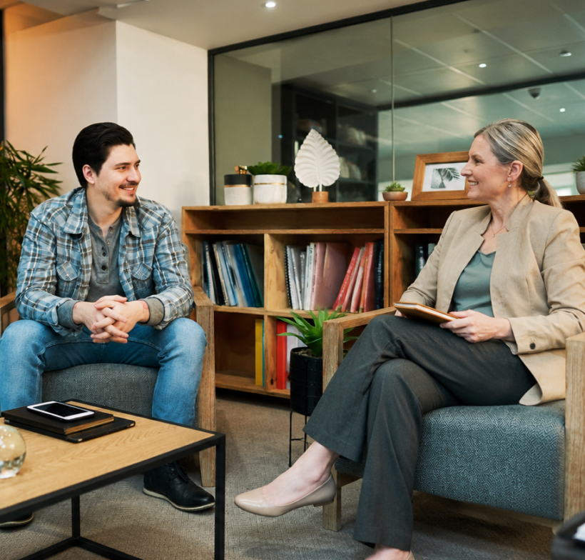 Two people engaged in conversation