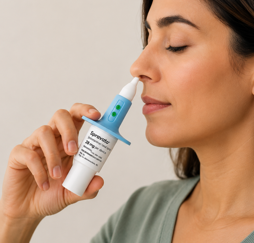 Woman using nasal spray medication