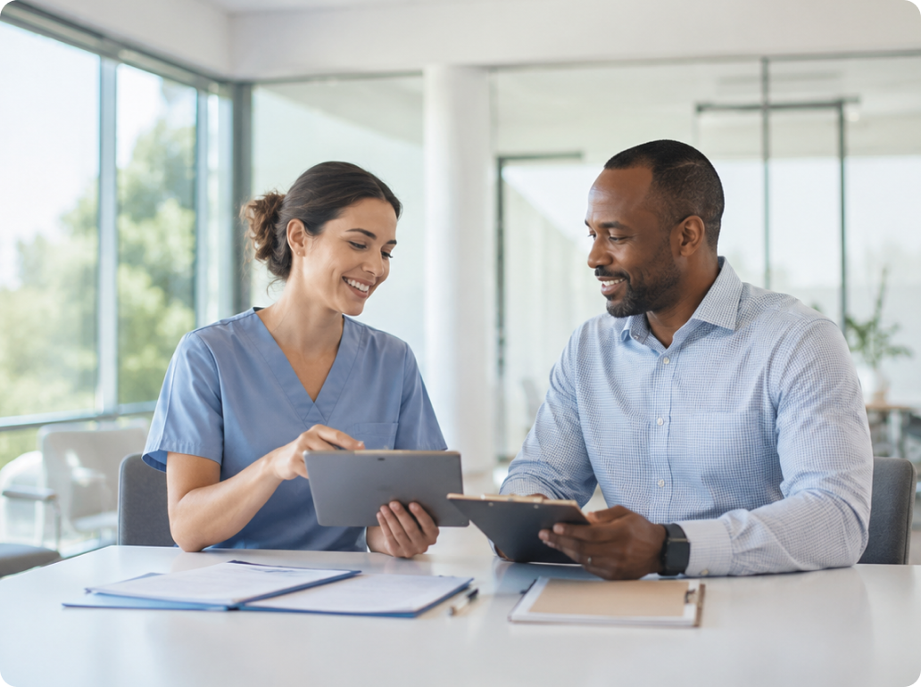 Two professionals discussing documents together.
