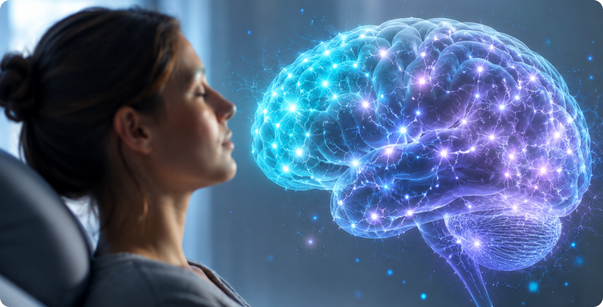 Woman meditating with glowing brain visualization