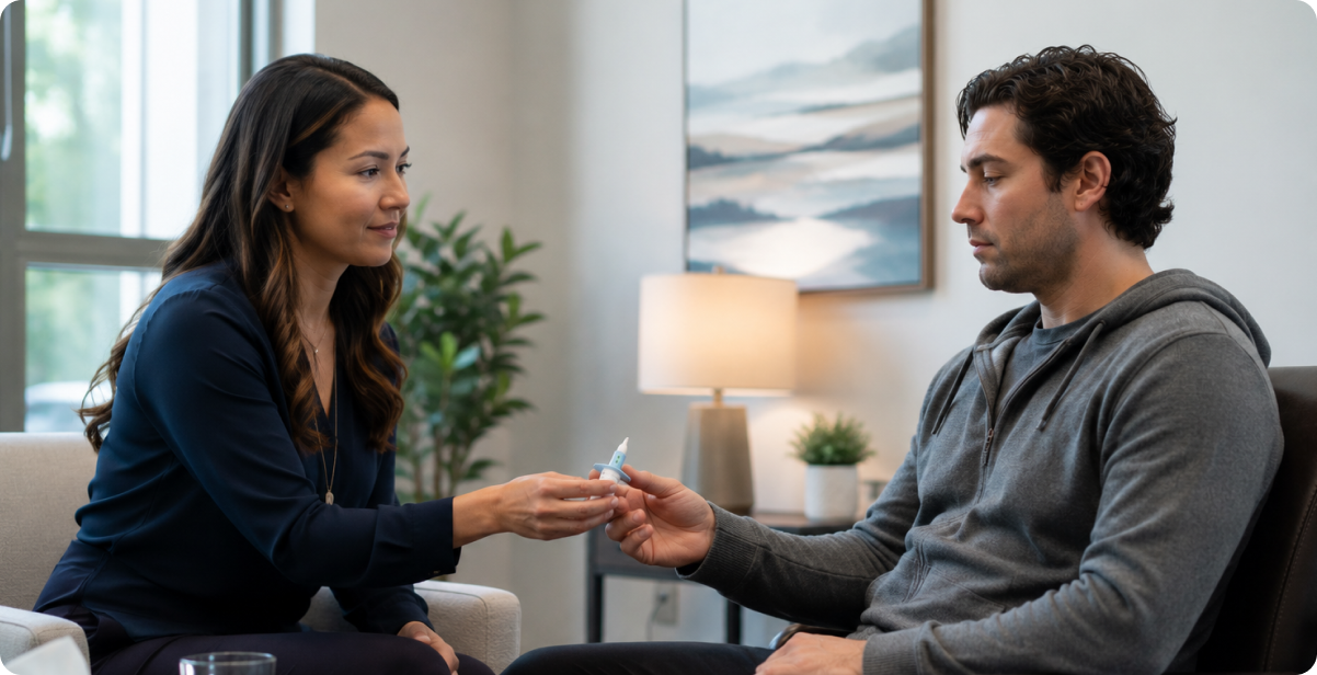 Woman handing something to man