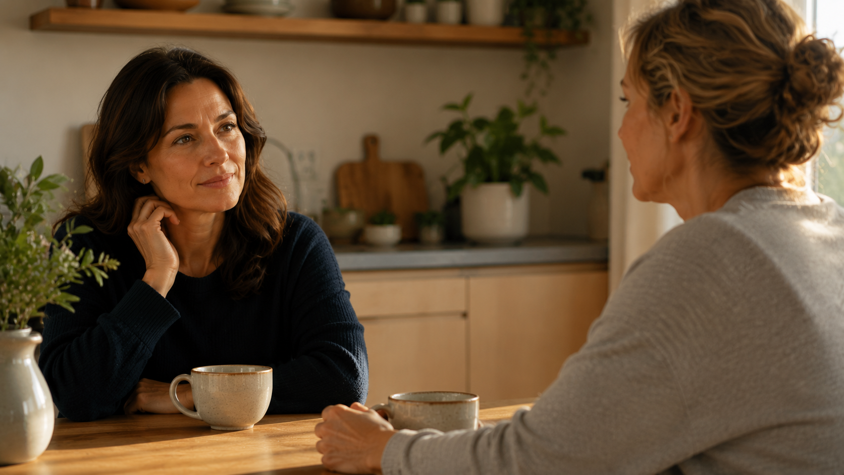 Two people talking gently over tea at a kitchen table during the integration period after ketamine treatment.