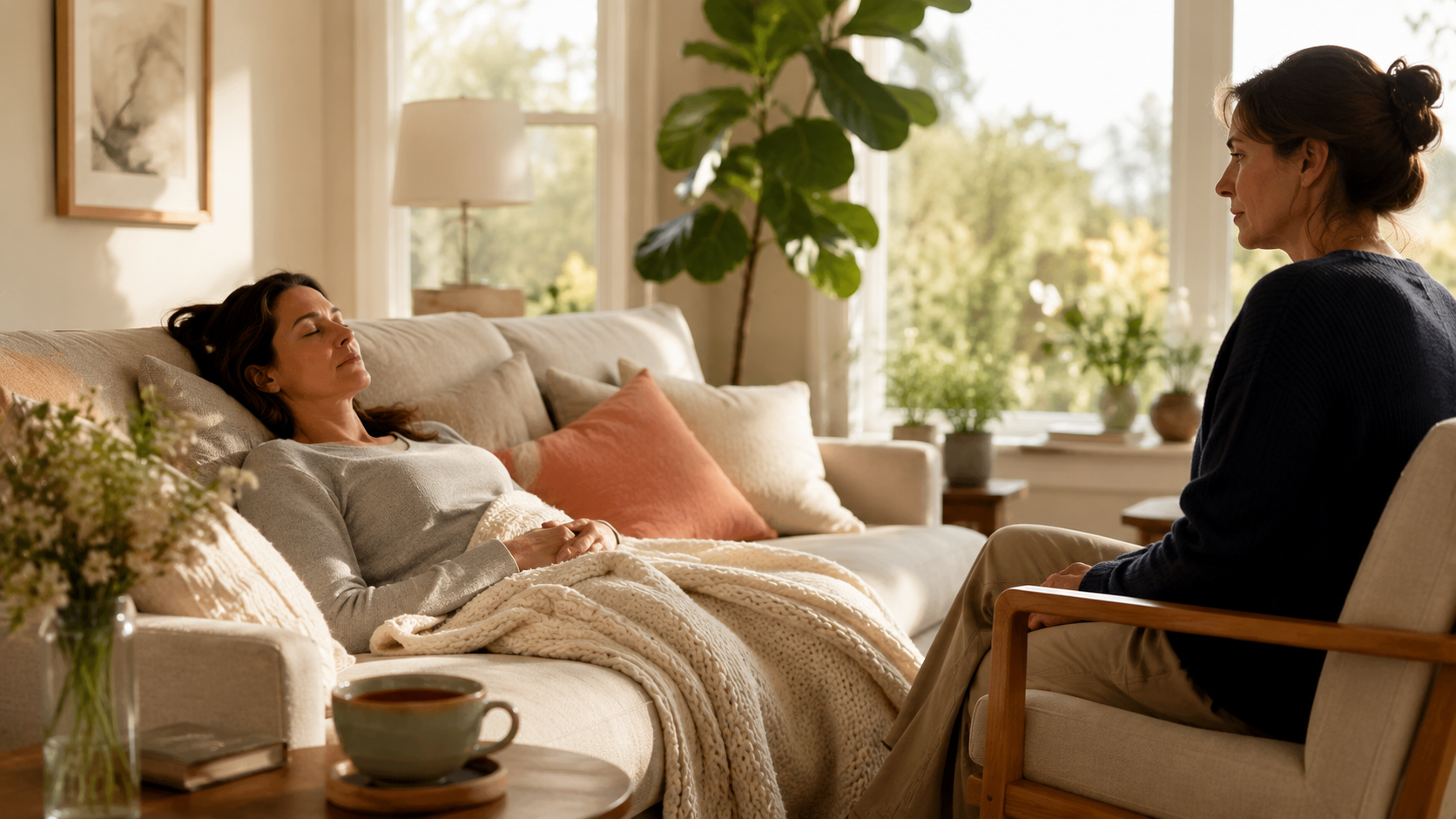 Adult resting on a sofa at home while a family member sits nearby, offering calm support during ketamine treatment recovery.