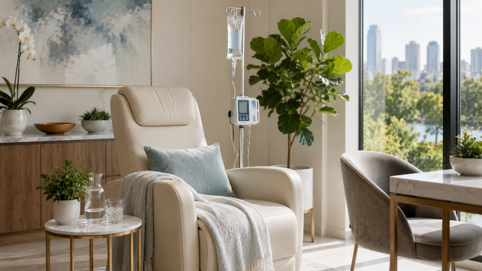 A bright, modern IV therapy suite with a comfortable reclining chair and IV drip setup.